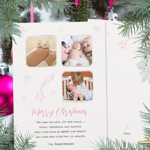 Pink Cute Sketched Star Baby First Christmas Holiday Card