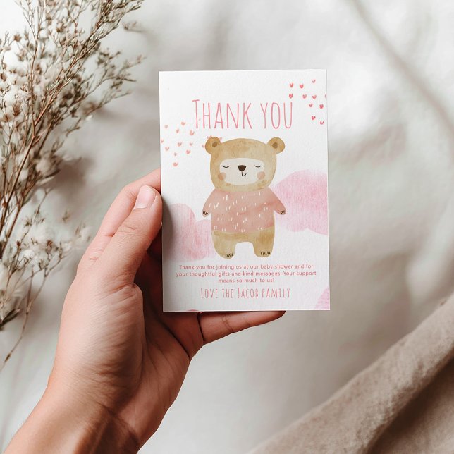 Pink cute sleeping Baby Bear Hearts and Clouds Thank You Card (Pink cute sleepy bear thank you card, baby shower)
