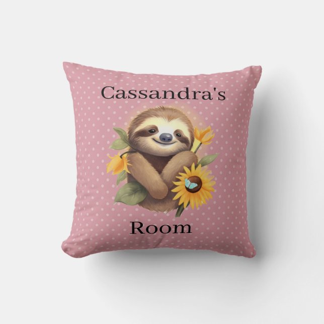 Pink Cute Sloth With Sunflowers Cushion (Front)