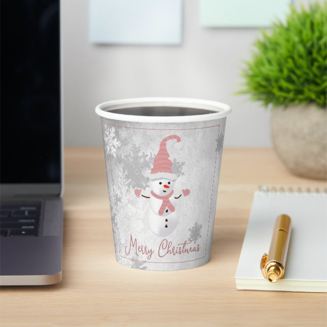 Pink Cute Snowman Holiday Paper Cup (Insitu)