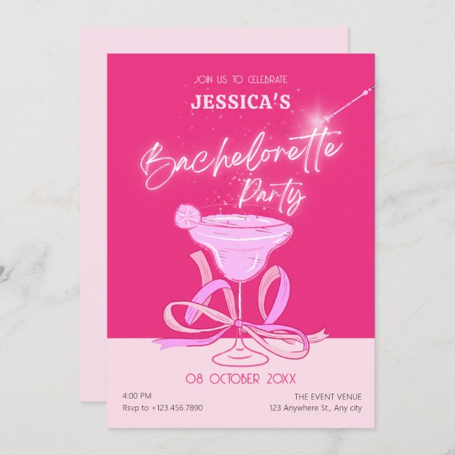 Pink cute sparkle bow cocktail bachelorette party invitation (Front/Back)