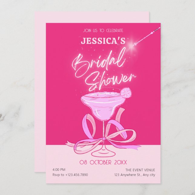 Pink cute sparkle bow cocktail Bridal shower Invitation (Front/Back)