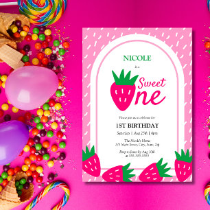 Pink Cute Strawberry Girl 1st Birthday Invitation