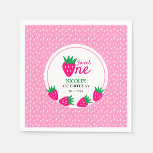 Pink Cute Strawberry Girl 1st Birthday Napkin