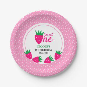 Pink Cute Strawberry Girl 1st Birthday Paper Plate