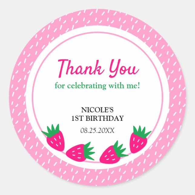 Pink Cute Strawberry Girl Birthday Thank You Classic Round Sticker (Front)