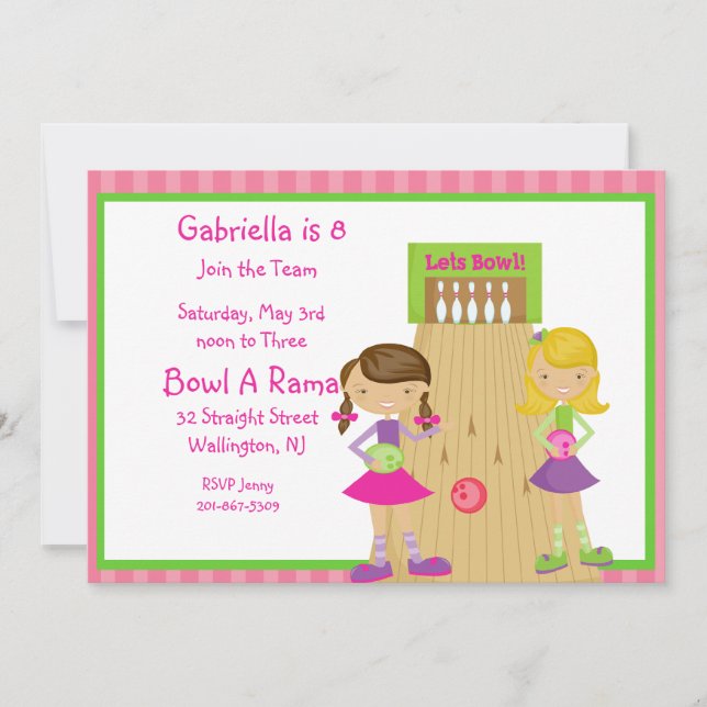 Pink, Cute,Striped Girl Bowling Party Invitation (Front)