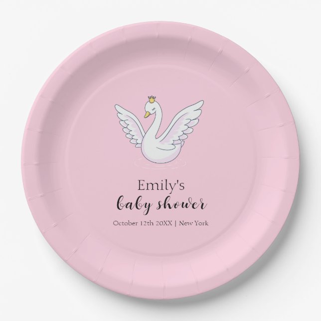 Pink Cute Sweet Princess Swan Baby Shower Welcome  Paper Plate (Front)