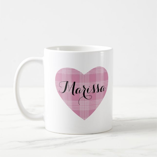 Pink Cute Tartan Heart Monogram Coffee Mug (Left)