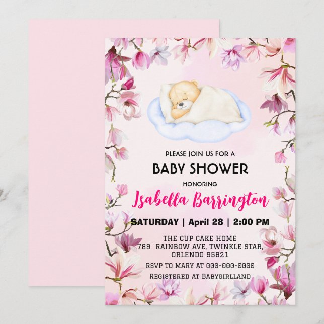 Pink Cute teddy Bear cub flowers baby shower kids Invitation (Front/Back)