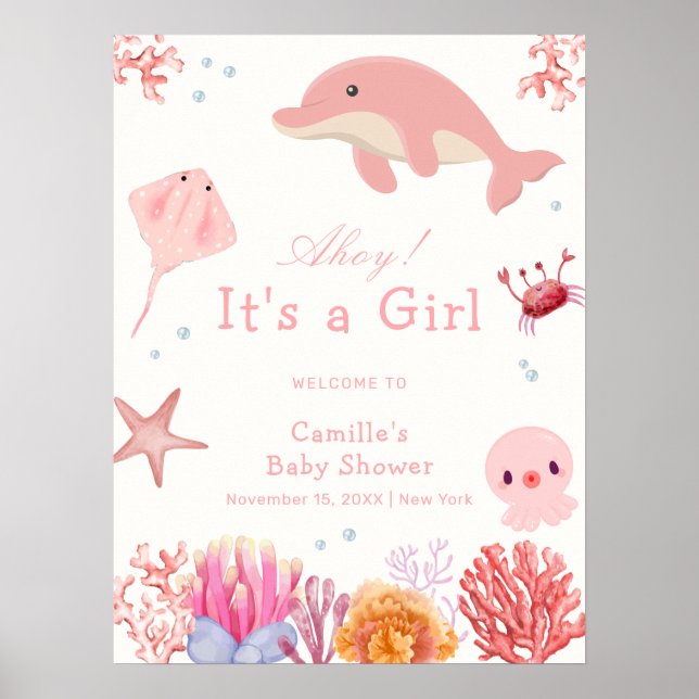 Pink Cute Under Sea Dolphin Baby Shower Welcome Poster (Front)