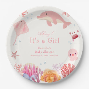 Pink Cute Under The Sea Dolphin Girl Baby Shower  Paper Plate