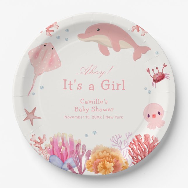 Pink Cute Under The Sea Dolphin Girl Baby Shower  Paper Plate (Front)