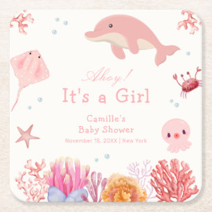 Pink Cute Under The Sea Dolphin Girl Baby Shower  Square Paper Coaster