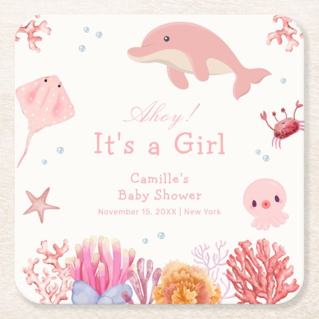 Pink Cute Under The Sea Dolphin Girl Baby Shower  Square Paper Coaster (Front)