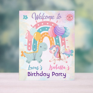 Pink Cute Unicorn dinosaurs rainbow Birthday party Acrylic Sign