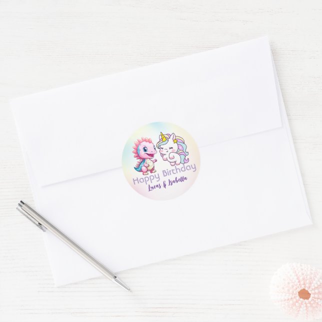 Pink Cute Unicorn dinosaurs rainbow Birthday party Classic Round Sticker (Envelope)
