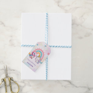 Pink Cute Unicorn dinosaurs rainbow Birthday party Gift Tags