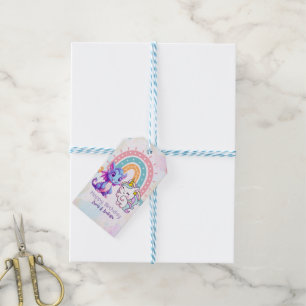 Pink Cute Unicorn dinosaurs rainbow Birthday party Gift Tags