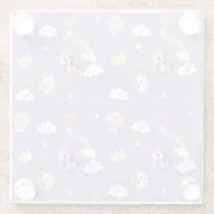 Pink Cute Unicorn dinosaurs rainbow Birthday party Glass Coaster