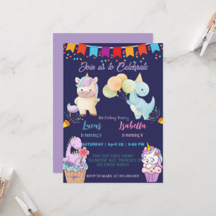Pink Cute Unicorn dinosaurs rainbow Birthday party Invitation