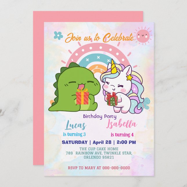 Pink Cute Unicorn dinosaurs rainbow Birthday party Invitation (Front/Back)