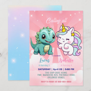 Pink Cute Unicorn dinosaurs rainbow Birthday party Invitation