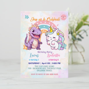 Pink Cute Unicorn dinosaurs rainbow Birthday party Invitation