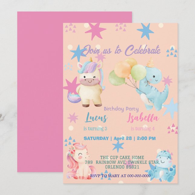 Pink Cute Unicorn dinosaurs rainbow Birthday party Invitation (Front/Back)