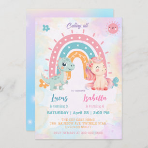 Pink Cute Unicorn dinosaurs rainbow Birthday party Invitation
