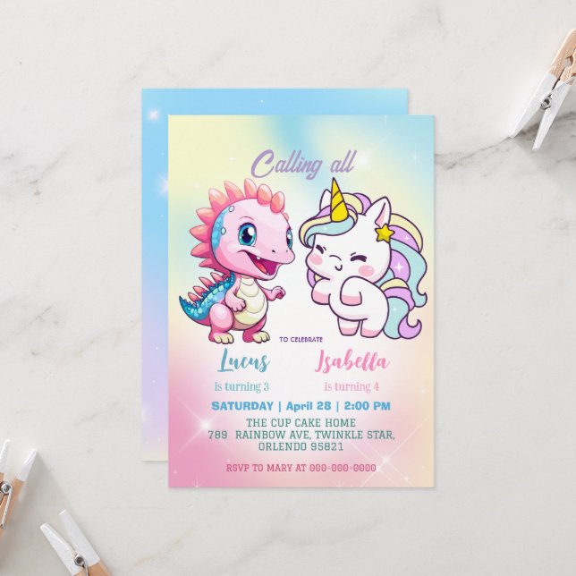 Pink Cute Unicorn dinosaurs rainbow Birthday party Invitation (Front/Back In Situ)