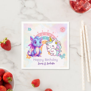 Pink Cute Unicorn dinosaurs rainbow Birthday party Napkin