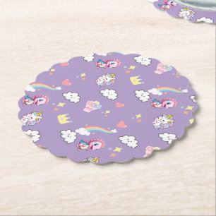 Pink Cute Unicorn dinosaurs rainbow Birthday party Paper Coaster