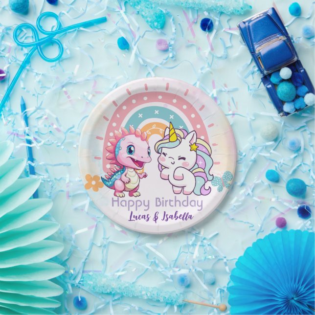 Pink Cute Unicorn dinosaurs rainbow Birthday party Paper Plate (Party)
