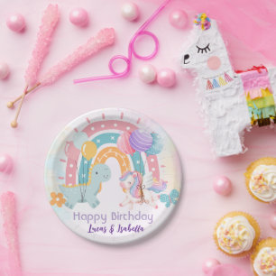 Pink Cute Unicorn dinosaurs rainbow Birthday party Paper Plate