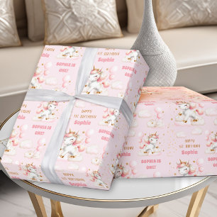 Pink Cute Unicorn Girl 1st Birthday Name Wrapping Paper