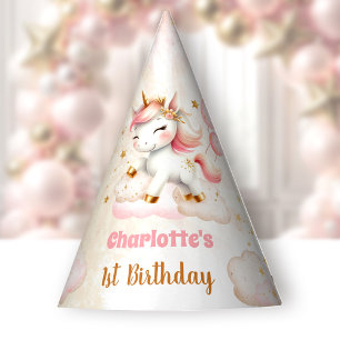 Pink Cute Unicorn Girl 1st Birthday Paper Party Hat
