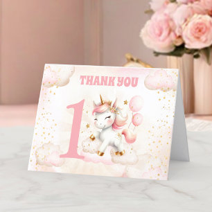 Pink Cute Unicorn Girl 1st Birthday Thank You Card