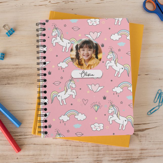 Pink Cute Unicorn Heart Diamond Rainbow Monogram Notebook (Creator Uploaded)