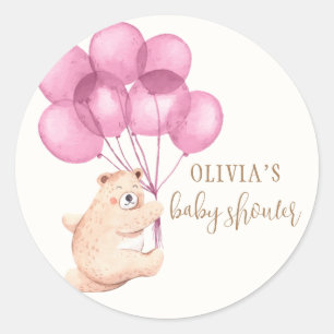 Pink Cute Watercolor Bear Balloon Baby Shower Classic Round Sticker