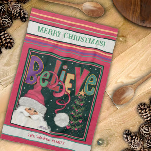 Pink Cute Whimsical Santa Personalised Christmas Tea Towel