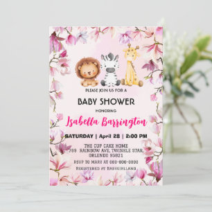 Pink Cute wild cub safari flowers baby shower kids Invitation