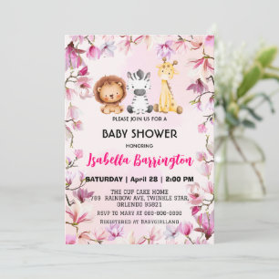 Pink Cute wild cub safari flowers baby shower kids Invitation