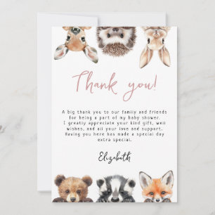 Pink Cute Woodland Forest Animals Baby Shower Thank You Card