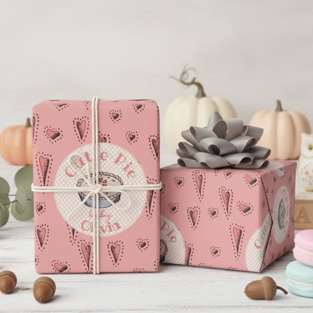 Pink Cutie Pie Baby Girl Wrapping Paper (Cutie Pie Thanksgiving October November Birthday & Fall Baby Shower Wrapping Paper. Heart Cherry Pie)