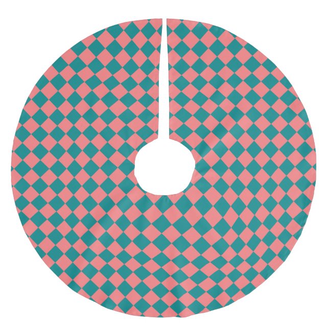 Pink Cyan Chequered Diamond Pattern Brushed Polyester Tree Skirt (Front)