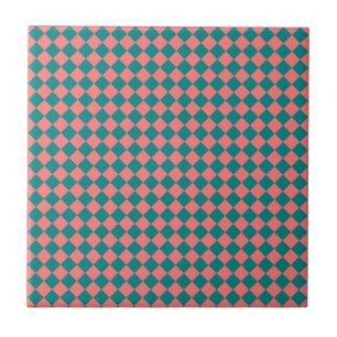 Pink Cyan Chequered Diamond Pattern Ceramic Tile