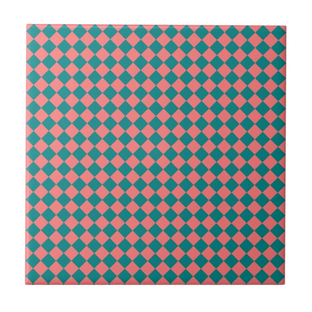 Pink Cyan Chequered Diamond Pattern Ceramic Tile (Front)