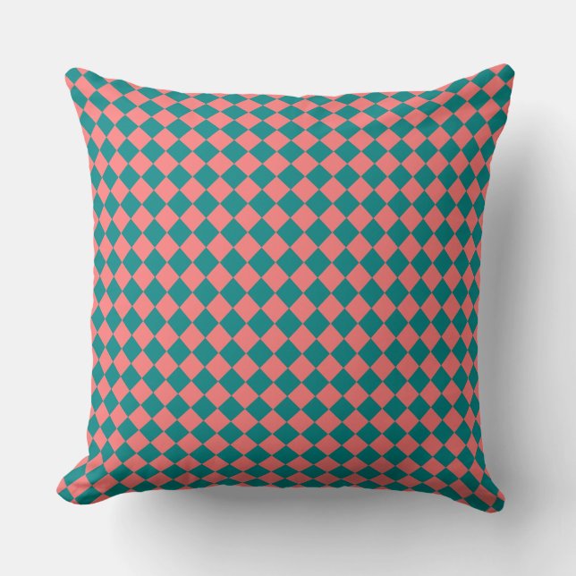 Pink Cyan Chequered Diamond Pattern Cushion (Front)