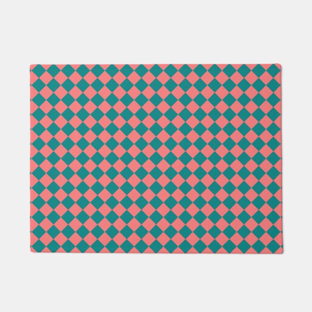 Pink Cyan Chequered Diamond Pattern Doormat (Front)